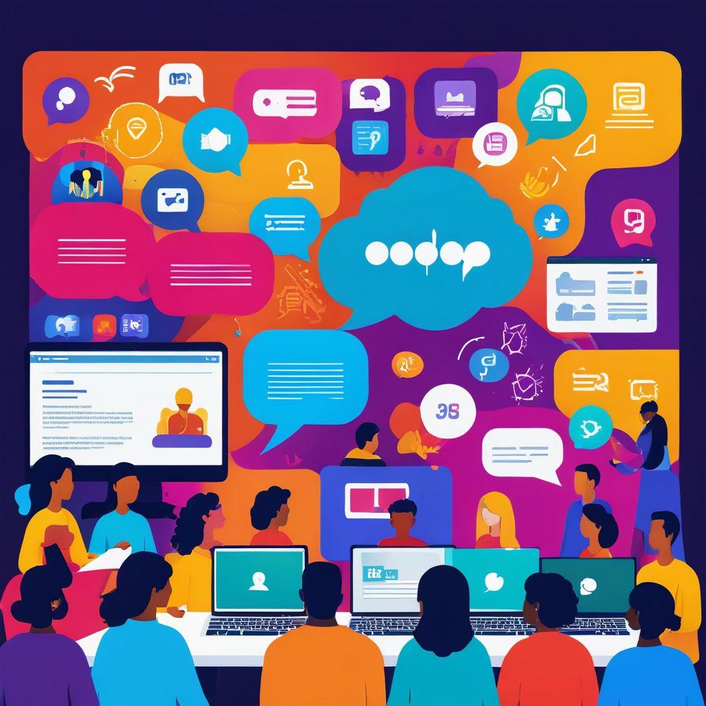 A vibrant illustration showcasing a diverse group of people gathered around a large digital screen filled with colorful stories and graphics. Include elements like speech bubbles, animated characters, and social media icons to represent interaction and community. Surround them with symbolic digital storytelling tools such as laptops and smartphones. The scene should radiate energy and collaboration, emphasizing the transformative power of storytelling in a vibrant colors palette. digital art. 3D.