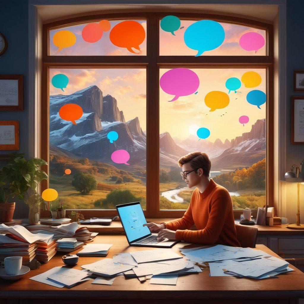 A visually engaging scene depicting a writer at a cozy desk surrounded by floating digital elements like speech bubbles, flowcharts, and interactive icons symbolizing storytelling. The background shows a window with a beautiful landscape, inviting inspiration. The overall composition should convey creativity and interactivity, with vibrant colors and a touch of whimsy. super-realistic. vibrant colors. 3D.