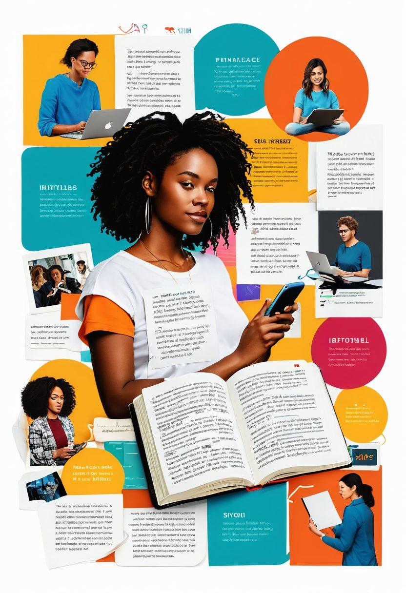 A dynamic digital collage featuring a personal journal transforming into a vibrant online hub, surrounded by diverse people engaging in content creation, brainstorming, and collaborating. Incorporate elements like flowing text, digital devices, and colorful community icons to signify strategies and connection. Use a warm and inviting color palette to evoke creativity and openness. super-realistic. vibrant colors. white background.